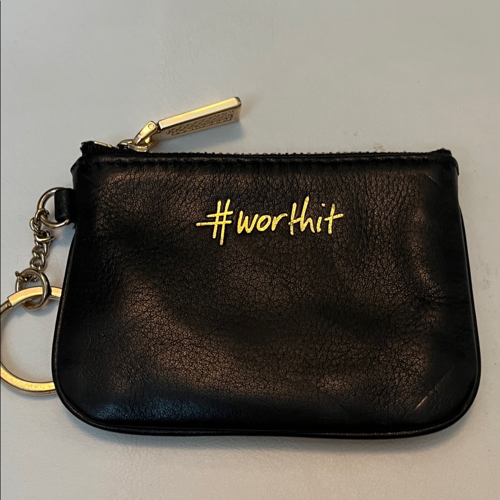 Rebecca Minkoff Black Leather Keychain Coin Pouch with Gold Accent